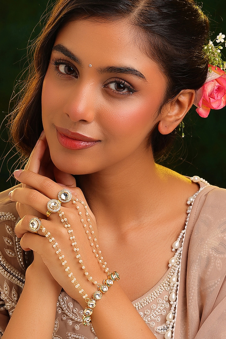 Gold Finish Kundan Polki & Crystal Hathphool by Ruby Raang at Pernia's Pop Up Shop