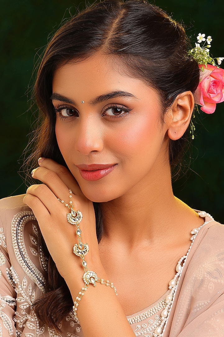 Gold Finish Kundan Polki & Pearl Hathphool by Ruby Raang at Pernia's Pop Up Shop