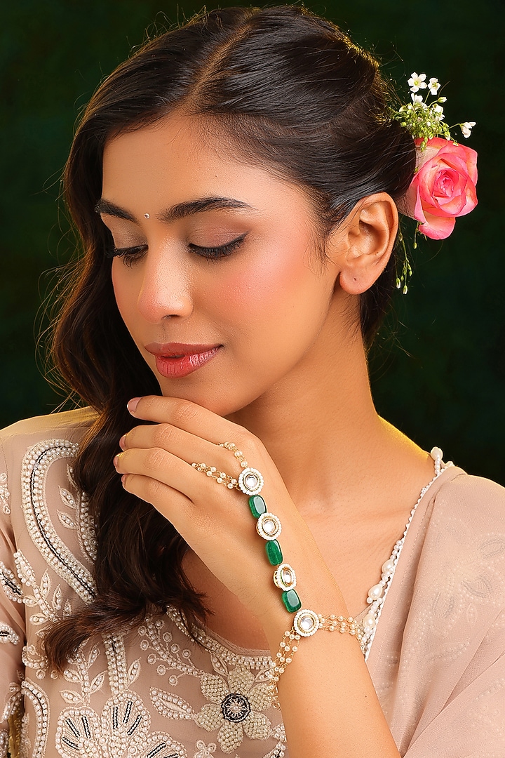 Gold Finish Kundan Polki & Deep Green Stone Handcrafted Hathphool by Ruby Raang at Pernia's Pop Up Shop