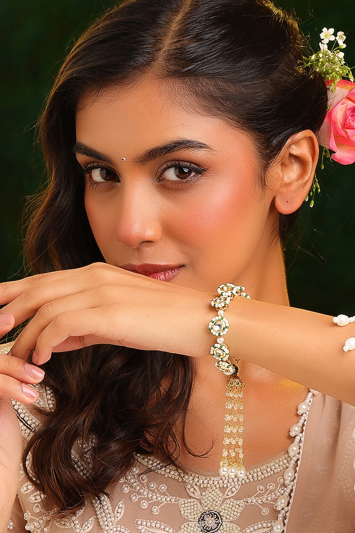 Gold Finish Kundan Polki & Green Stone Handcrafted Bracelet by Ruby Raang at Pernia's Pop Up Shop