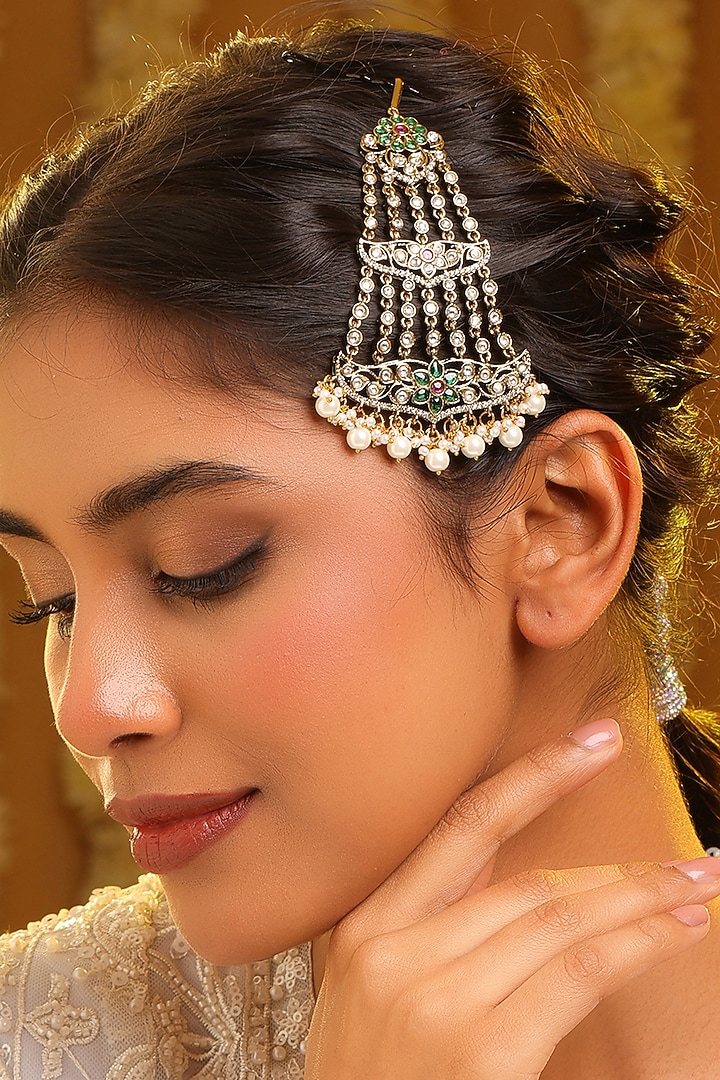 Gold Finish Kundan Polki & Emerald Stone Pasa by Ruby Raang at Pernia's Pop Up Shop