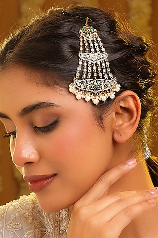 Gold Finish Kundan Polki & Emerald Stone Pasa by Ruby Raang