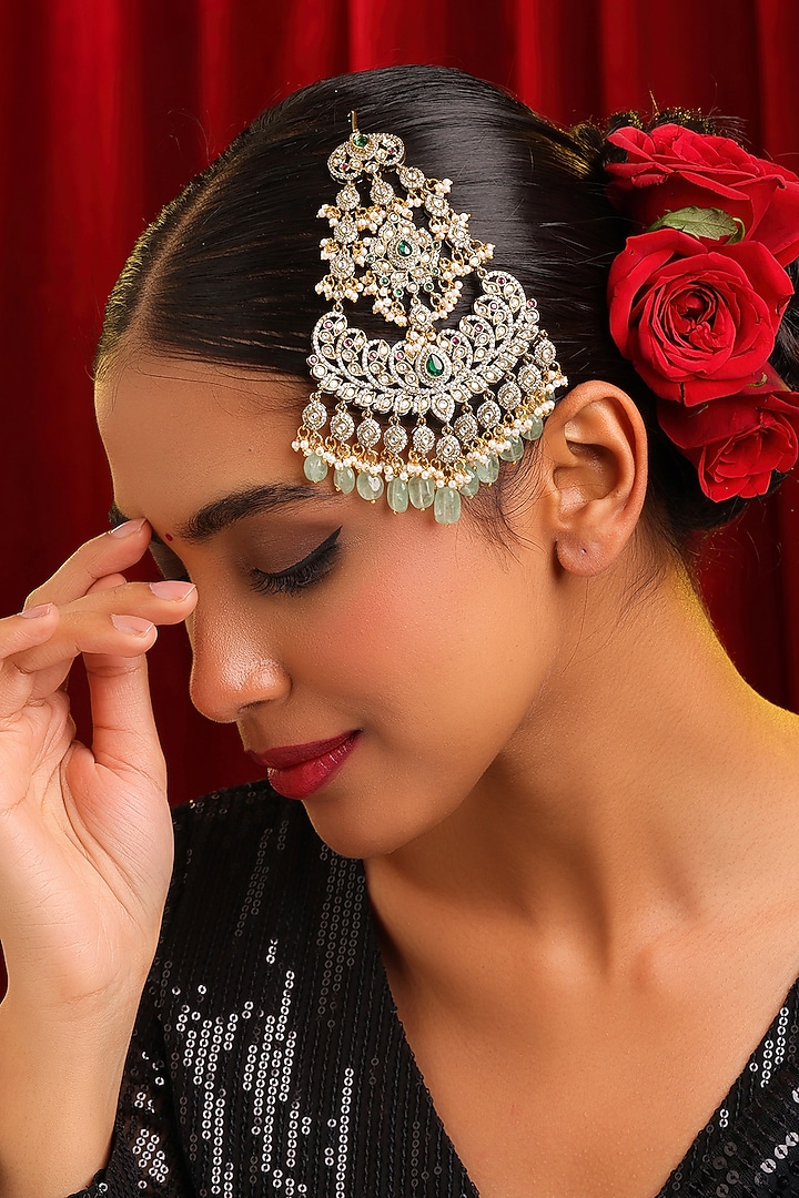 Gold Finish Kundan Polki & Green Stone Pasa by Ruby Raang at Pernia's Pop Up Shop