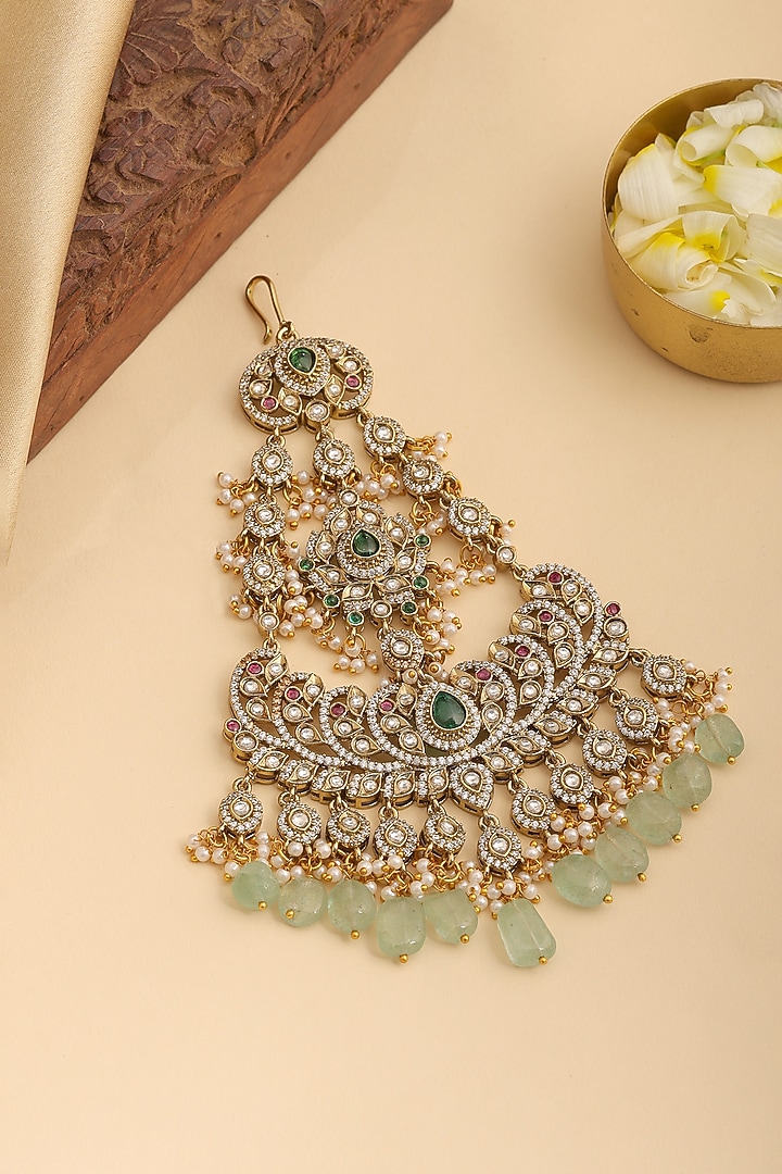 Gold Finish Kundan Polki & Green Stone Pasa by Ruby Raang at Pernia's Pop Up Shop