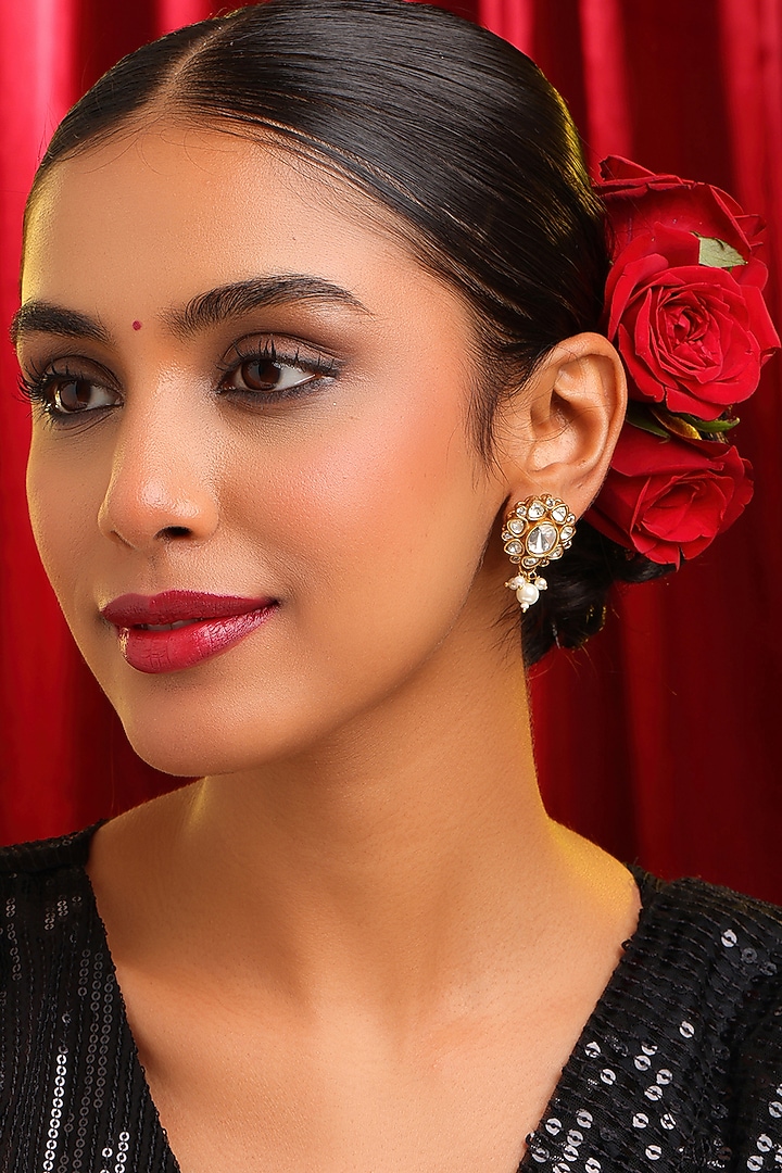 Gold Finish Kundan Polki Floral Stud Earrings by Ruby Raang at Pernia's Pop Up Shop