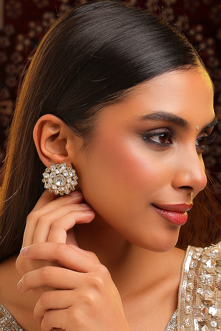 Gold Finish Kundan Polki & Crystal Floral Stud Earrings by Ruby Raang at Pernia's Pop Up Shop