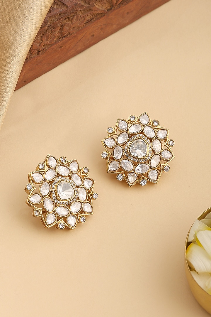 Gold Finish Kundan Polki & Crystal Floral Stud Earrings by Ruby Raang at Pernia's Pop Up Shop