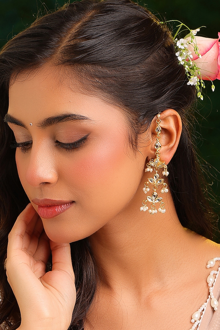 Gold Finish Kundan Polki & Floral Motif Tiered Dangler Earrings by Ruby Raang at Pernia's Pop Up Shop