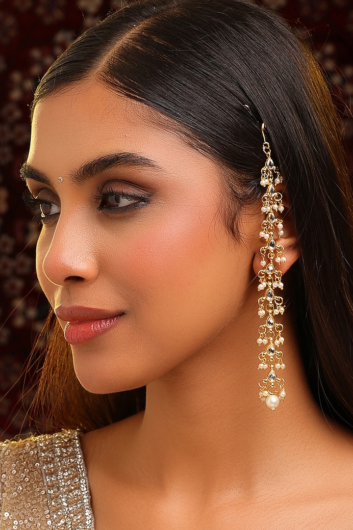 Gold Finish Kundan Polki & Green Stone Earcuffs (Set Of 2) by Ruby Raang at Pernia's Pop Up Shop