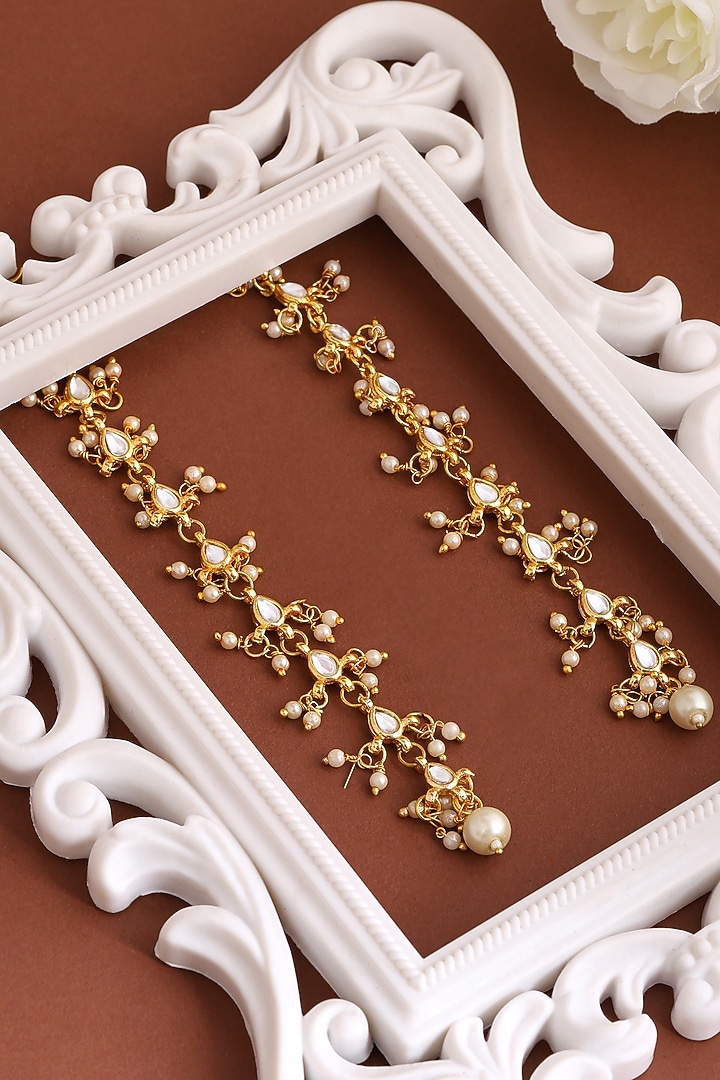 Gold Finish Kundan Polki & Green Stone Earcuffs (Set Of 2) by Ruby Raang at Pernia's Pop Up Shop