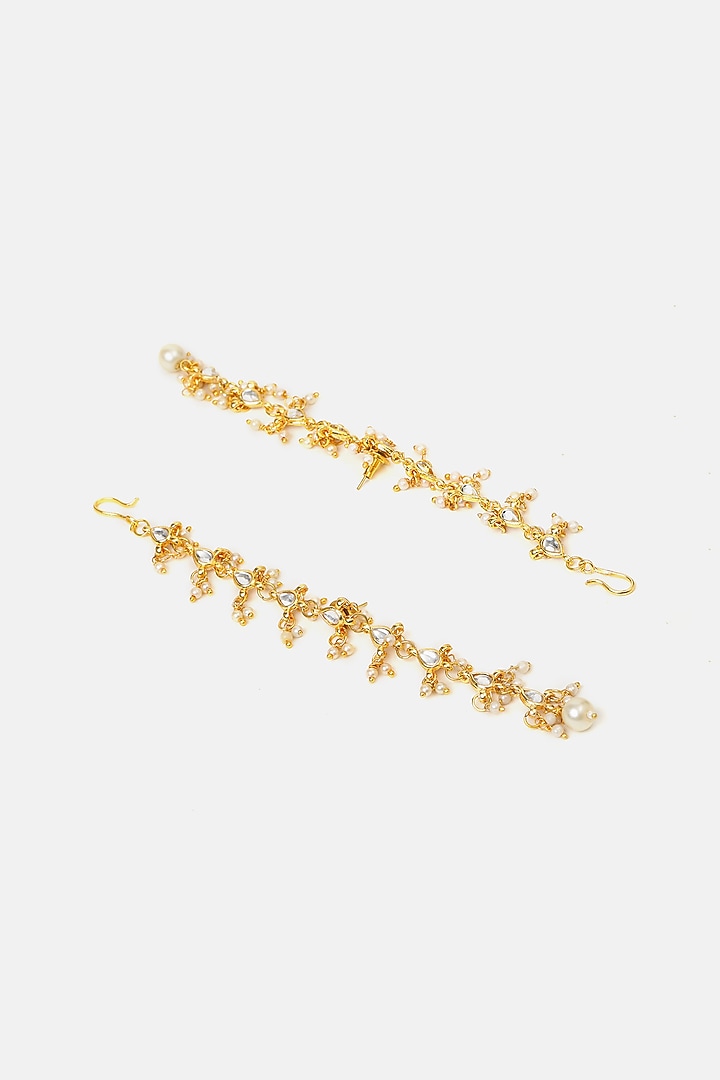 Gold Finish Kundan Polki & Green Stone Earcuffs (Set Of 2) by Ruby Raang at Pernia's Pop Up Shop