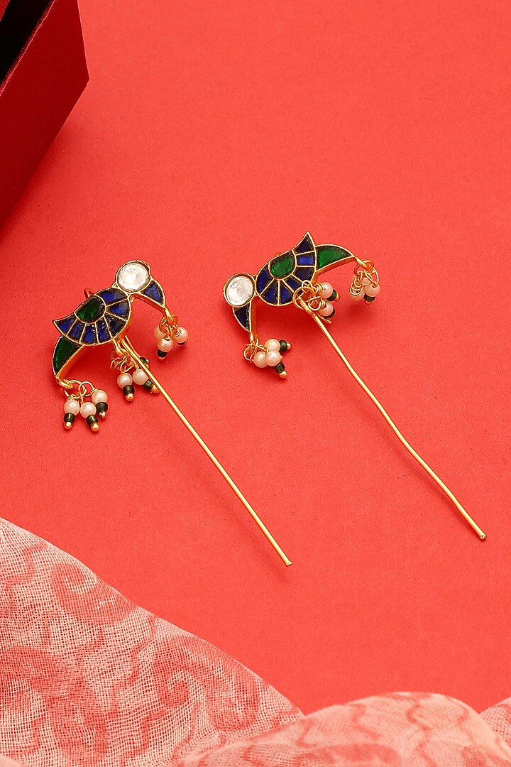 Gold Finish Kundan Polki & Green Stone Earcuffs (Set Of 2) by Ruby Raang at Pernia's Pop Up Shop