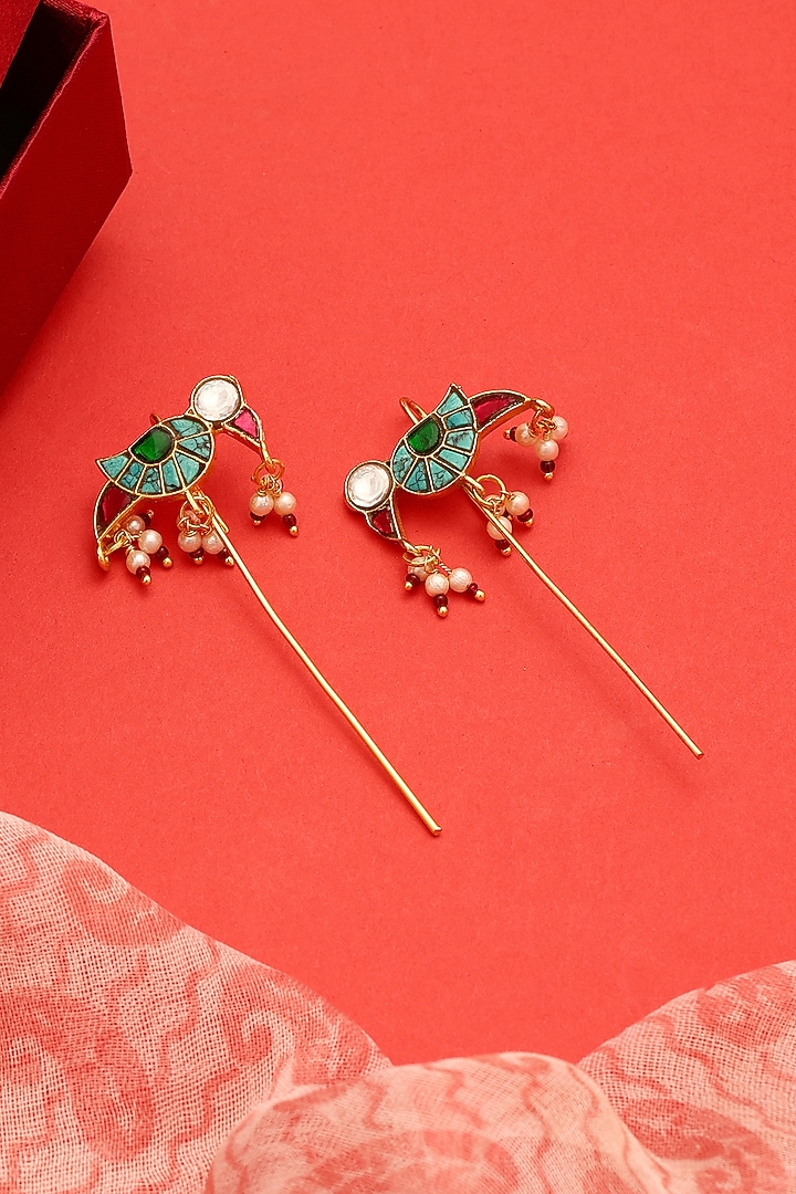 Gold Finish Kundan Polki & Green Stone Earcuffs (Set Of 2) by Ruby Raang at Pernia's Pop Up Shop