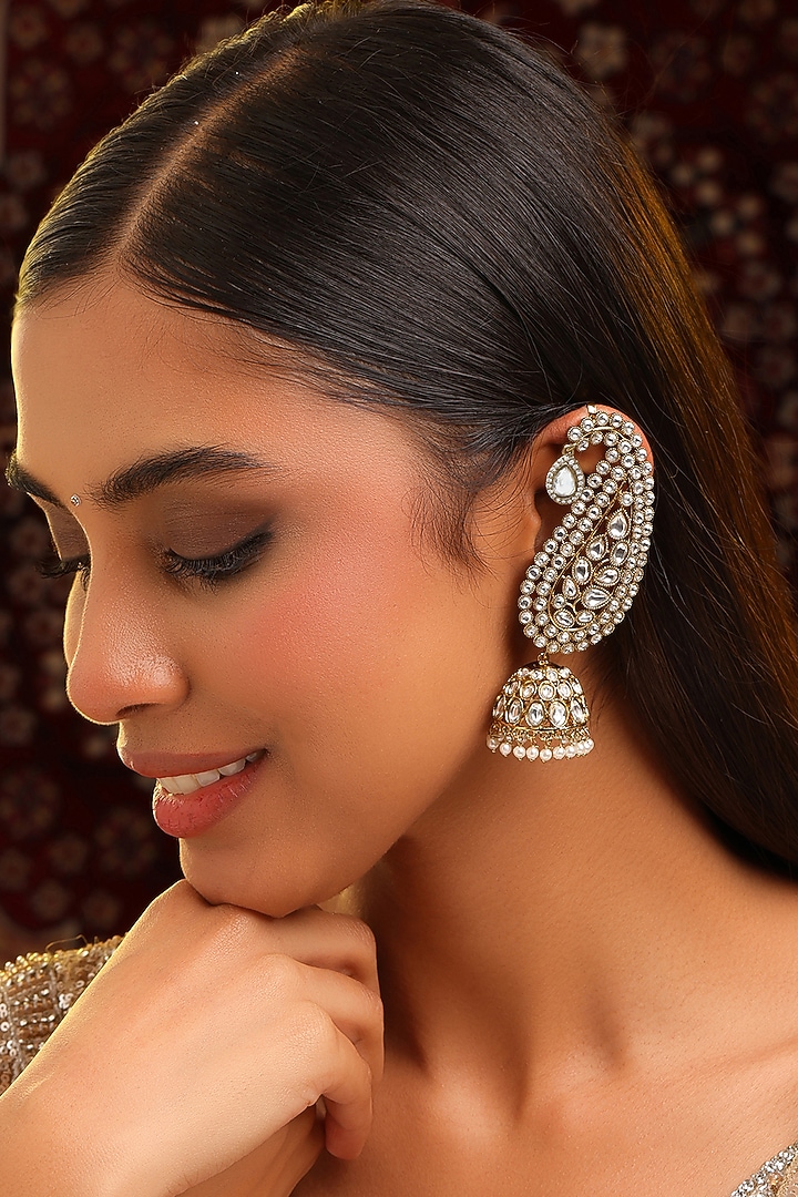 Gold Finish Kundan Polki & Pearl Jhumka Earrings by Ruby Raang at Pernia's Pop Up Shop