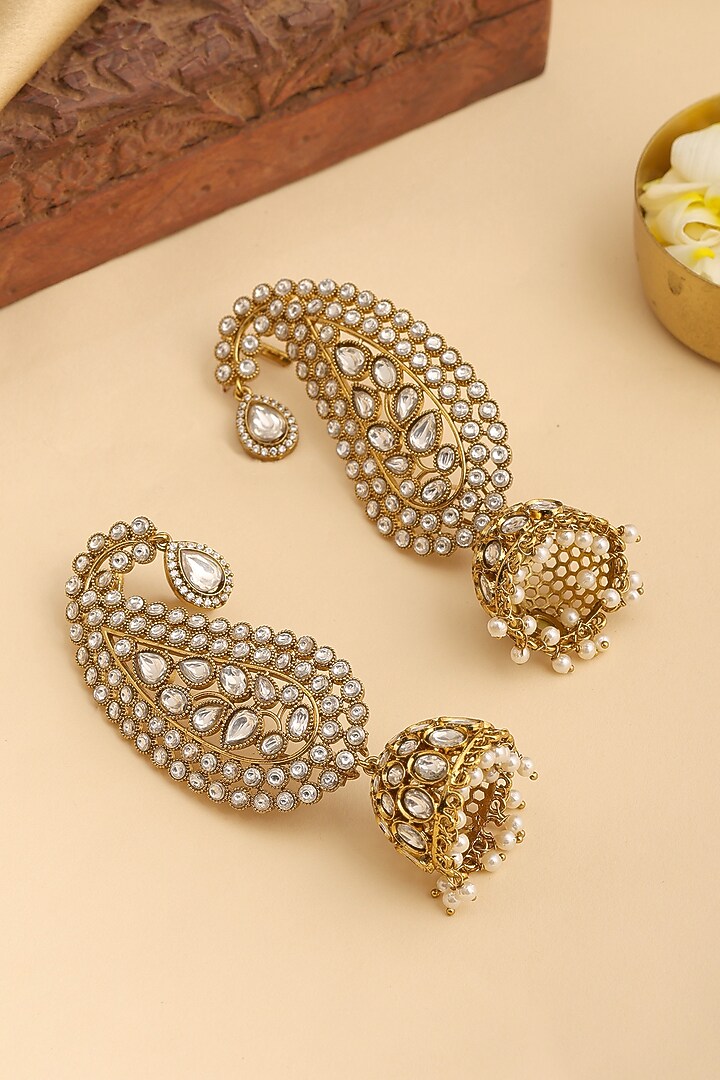 Gold Finish Kundan Polki & Pearl Jhumka Earrings by Ruby Raang at Pernia's Pop Up Shop