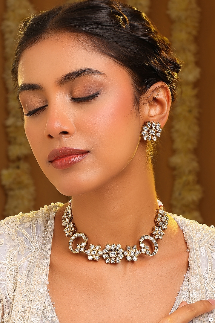 Gold Finish Kundan Polki & Pearl Choker Necklace Set by Ruby Raang at Pernia's Pop Up Shop