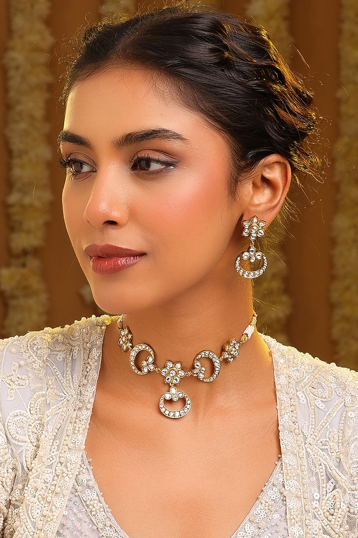 Gold Finish Kundan Polki & Pearl Handcrafted Choker Necklace Set by Ruby Raang at Pernia's Pop Up Shop