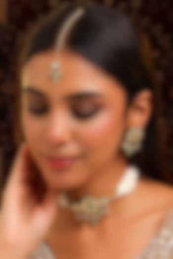 Gold Finish Kundan Polki & Green Stone Choker Necklace Set by Ruby Raang at Pernia's Pop Up Shop