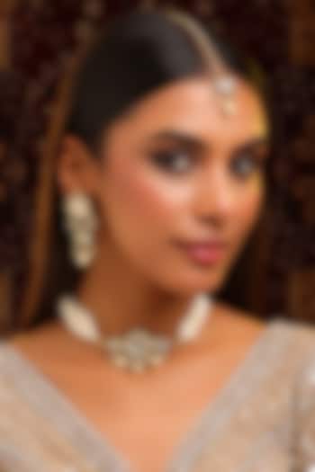 Gold Finish Kundan Polki & Green Stone Pendant Choker Necklace Set by Ruby Raang at Pernia's Pop Up Shop