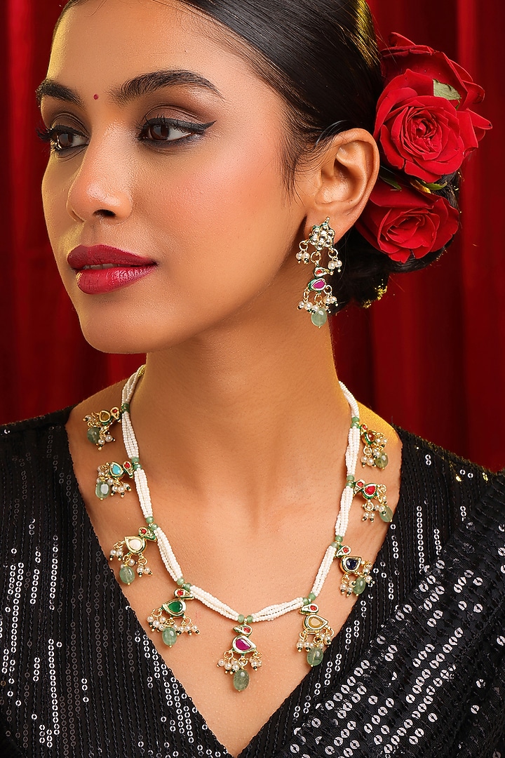Gold Finish Kundan Polki & Gemstone Necklace Set by Ruby Raang at Pernia's Pop Up Shop