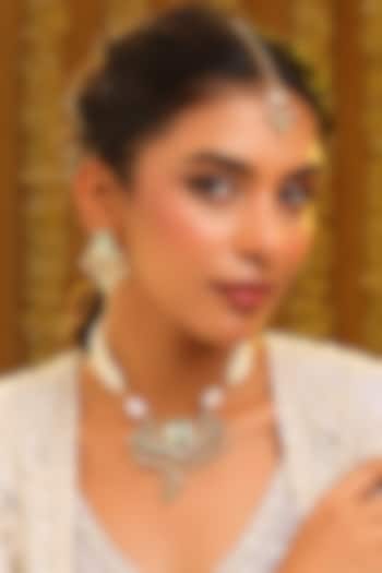 Gold Finish Kundan Polki & Pastel Green Stone Pendant Necklace Set by Ruby Raang at Pernia's Pop Up Shop