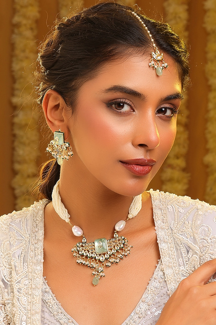 Gold Finish Kundan Polki & Pastel Green Stone Pendant Necklace Set by Ruby Raang at Pernia's Pop Up Shop