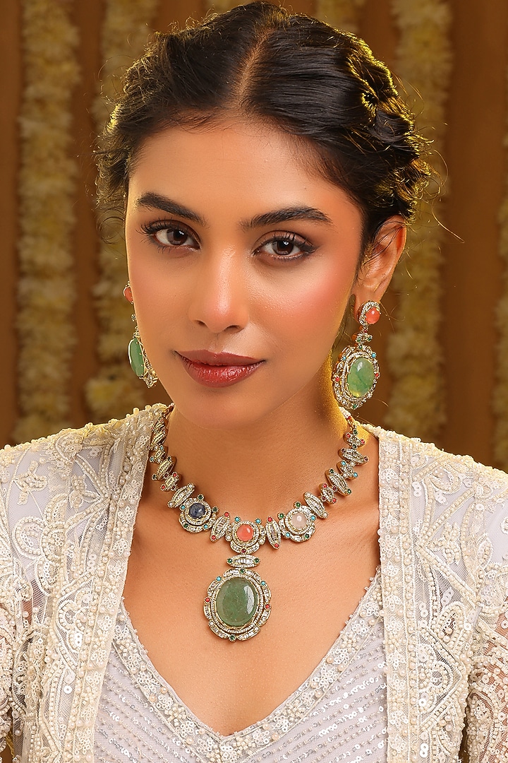 Gold Finish Kundan Polki & Multi-Colored Stone Pendant Necklace Set by Ruby Raang at Pernia's Pop Up Shop