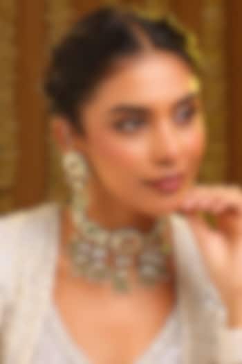 Gold Finish Kundan Polki & Ruby Stone Choker Necklace Set by Ruby Raang at Pernia's Pop Up Shop