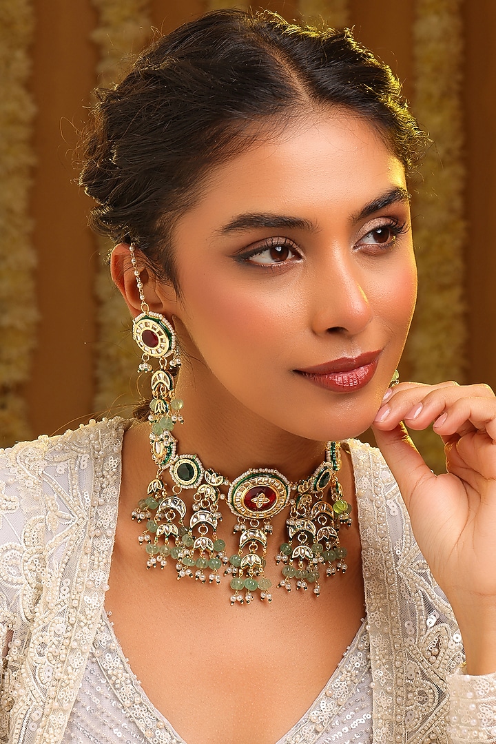 Gold Finish Kundan Polki & Ruby Stone Choker Necklace Set by Ruby Raang at Pernia's Pop Up Shop
