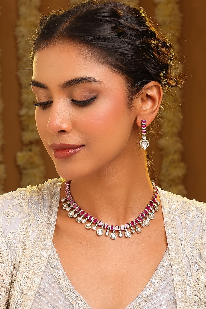 Gold Finish Pink & White Gemstone Necklace Set by Ruby Raang at Pernia's Pop Up Shop