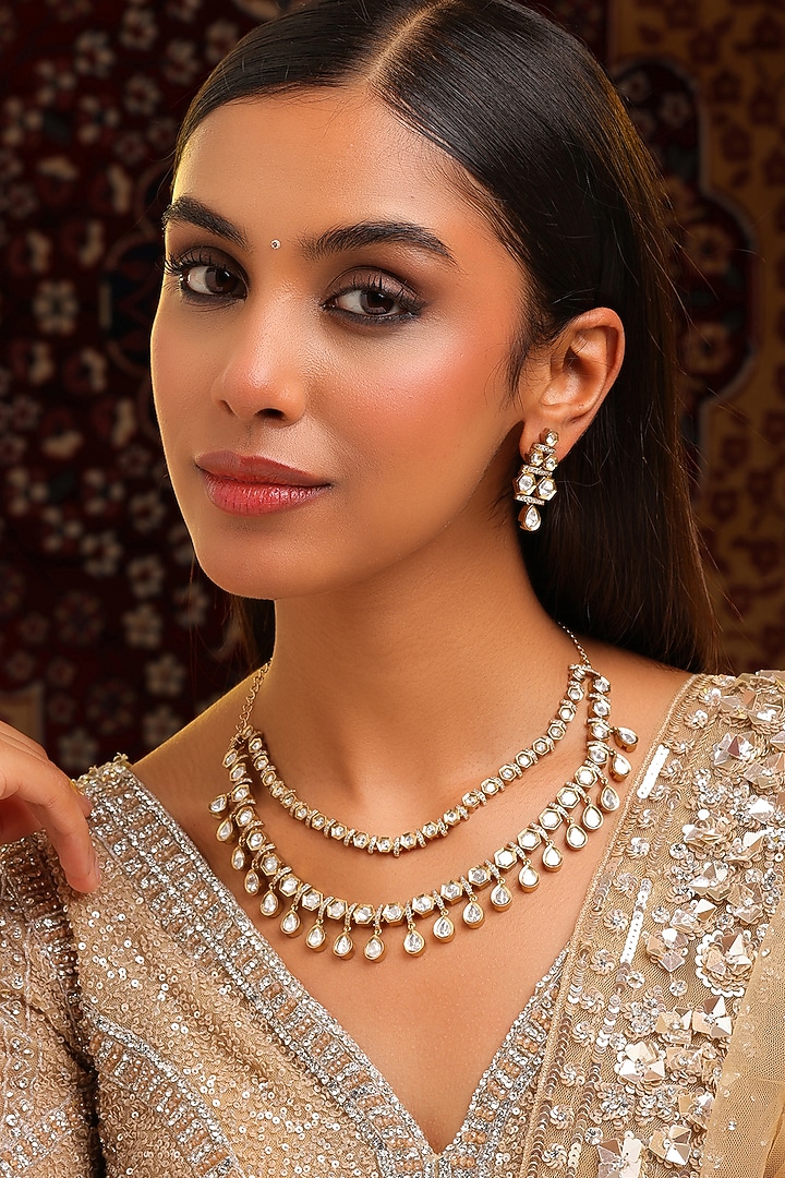 Gold Finish Kundan Polki & Pearl Layered Necklace Set by Ruby Raang at Pernia's Pop Up Shop