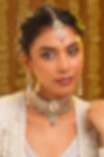 Gold Finish Kundan Polki & Multi-Colored Stone Choker Necklace Set by Ruby Raang at Pernia's Pop Up Shop