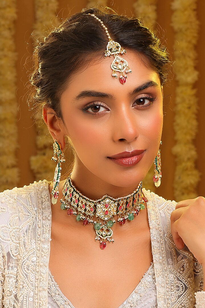 Gold Finish Kundan Polki & Multi-Colored Stone Choker Necklace Set by Ruby Raang at Pernia's Pop Up Shop