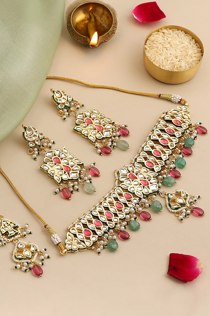 Gold Finish Kundan Polki & Multi-Colored Stone Choker Necklace Set by Ruby Raang at Pernia's Pop Up Shop