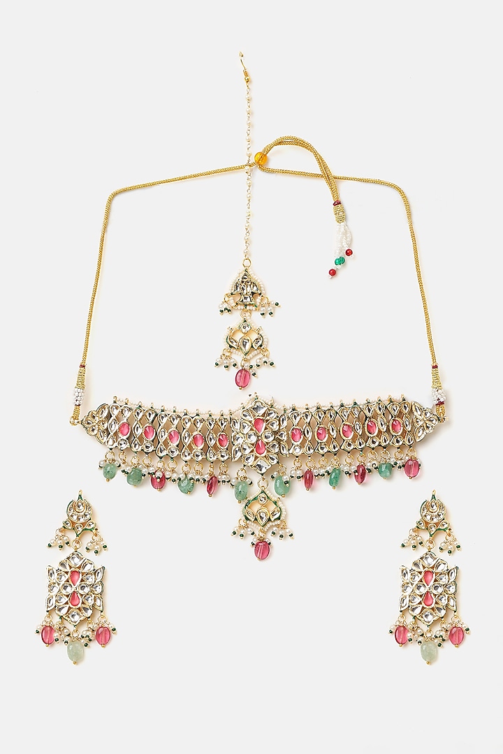 Gold Finish Kundan Polki & Multi-Colored Stone Choker Necklace Set by Ruby Raang at Pernia's Pop Up Shop