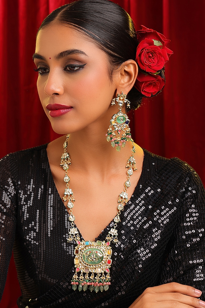 Gold Finish Kundan Polki & Green Stone Pendant Necklace Set by Ruby Raang at Pernia's Pop Up Shop