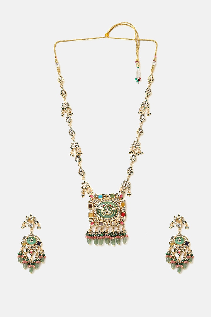 Gold Finish Kundan Polki & Green Stone Pendant Necklace Set by Ruby Raang at Pernia's Pop Up Shop