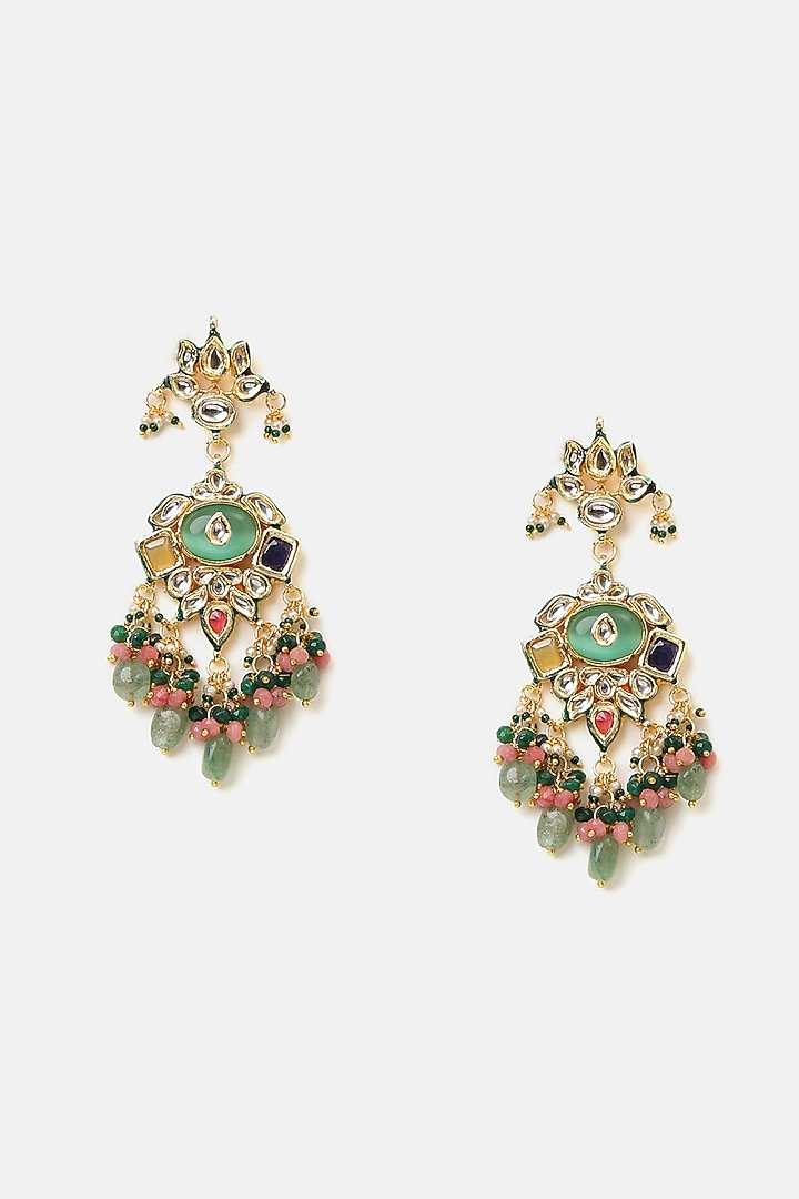 Gold Finish Kundan Polki & Green Stone Pendant Necklace Set by Ruby Raang at Pernia's Pop Up Shop