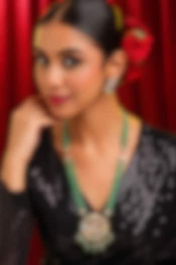 Gold Finish Kundan Polki & Emerald Green Beaded Long Pendant Necklace Set by Ruby Raang at Pernia's Pop Up Shop