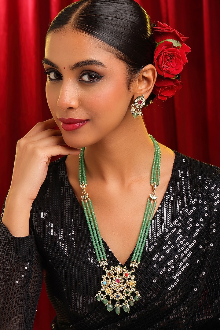 Gold Finish Kundan Polki & Emerald Green Beaded Long Pendant Necklace Set by Ruby Raang at Pernia's Pop Up Shop