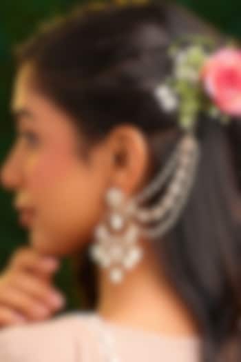 Gold Finish Kundan Polki & Pearl Drop Earchains (Set Of 2) by Ruby Raang at Pernia's Pop Up Shop