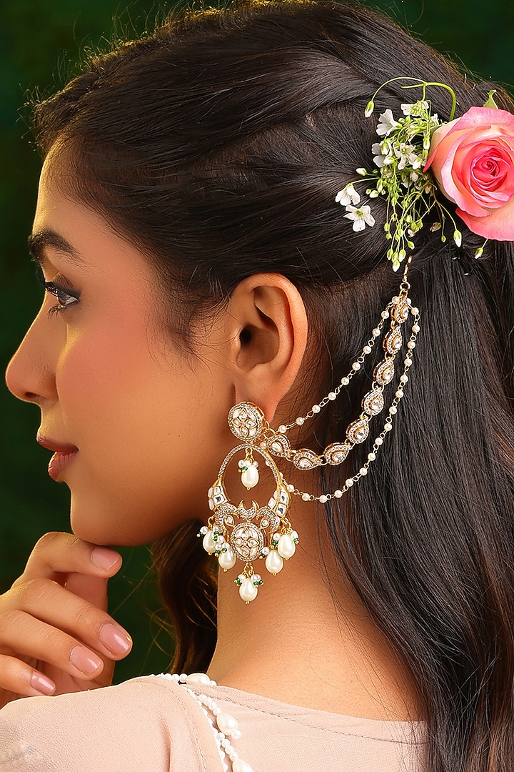 Gold Finish Kundan Polki & Pearl Drop Earchains (Set Of 2) by Ruby Raang at Pernia's Pop Up Shop