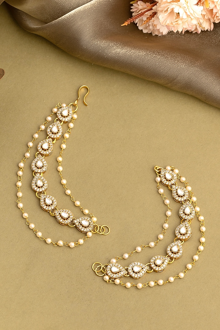 Gold Finish Kundan Polki & Pearl Drop Earchains (Set Of 2) by Ruby Raang at Pernia's Pop Up Shop