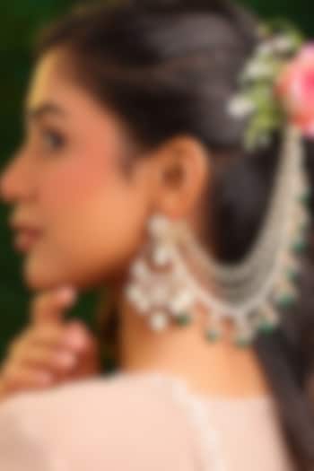 Gold Finish Kundan Polki & Green Stone Earchains (Set Of 2) by Ruby Raang at Pernia's Pop Up Shop