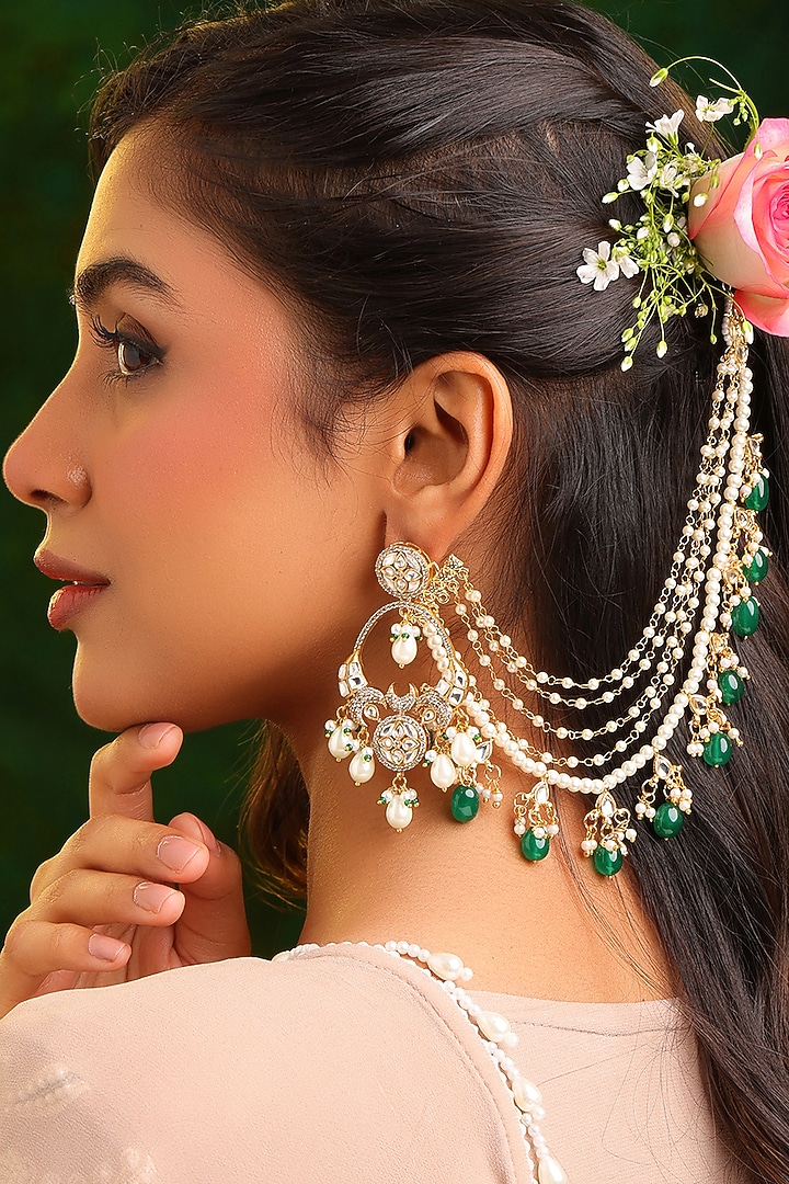 Gold Finish Kundan Polki & Green Stone Earchains (Set Of 2) by Ruby Raang at Pernia's Pop Up Shop