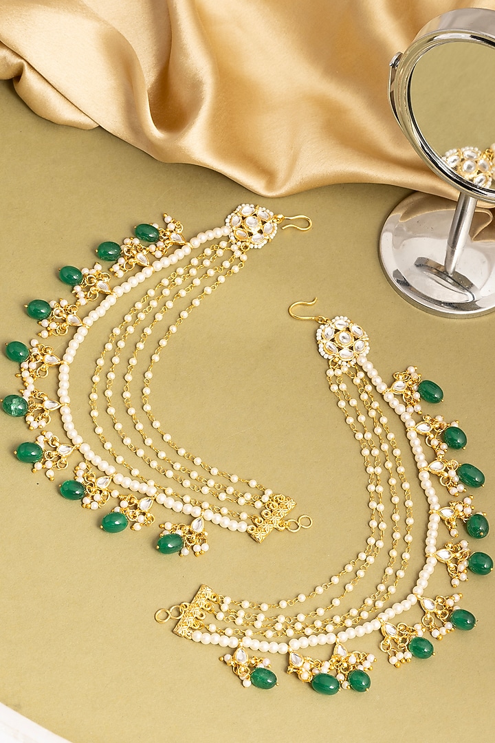 Gold Finish Kundan Polki & Green Stone Earchains (Set Of 2) by Ruby Raang at Pernia's Pop Up Shop