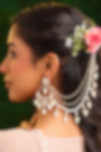 Gold Finish Kundan Polki & Pearl Drop Earchains (Set Of 2) by Ruby Raang at Pernia's Pop Up Shop