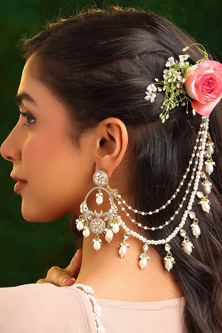 Gold Finish Kundan Polki & Pearl Drop Earchains (Set Of 2) by Ruby Raang at Pernia's Pop Up Shop