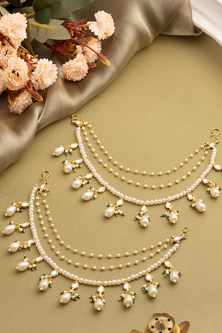 Gold Finish Kundan Polki & Pearl Drop Earchains (Set Of 2) by Ruby Raang at Pernia's Pop Up Shop