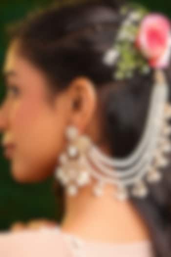 Gold Finish Kundan Polki & Pearl Drop Earchains (Set Of 2) by Ruby Raang at Pernia's Pop Up Shop